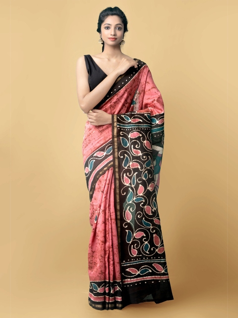 

Unnati Silks Pink & Black Batik Zari Silk Cotton Chanderi Saree