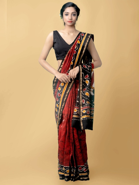 

Unnati Silks Red & Black Batik Zari Silk Cotton Chanderi Saree