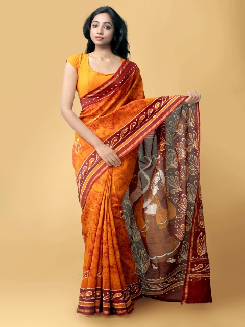 

Unnati Silks Orange & Maroon Ethnic Motifs Zari Silk Cotton Chanderi Saree