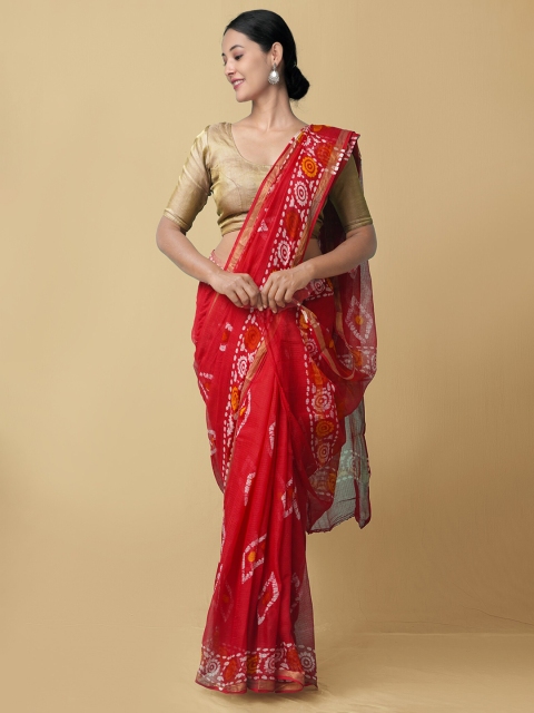 

Unnati Silks Red & Orange Batik Zari Pure Cotton Kota Saree