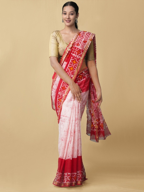 

Unnati Silks Cream-Coloured & Red Batik Zari Pure Cotton Kota Saree