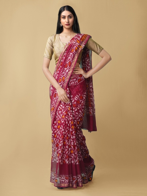 

Unnati Silks Maroon & White Batik Zari Pure Cotton Kota Saree