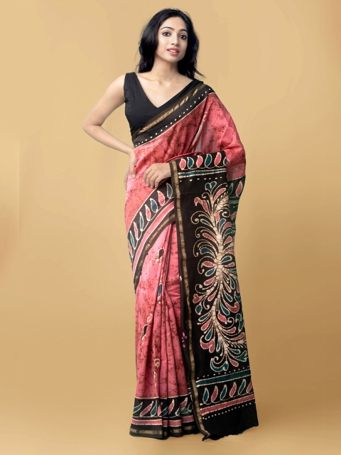 

Unnati Silks Pink & Black Batik Zari Silk Cotton Chanderi Saree