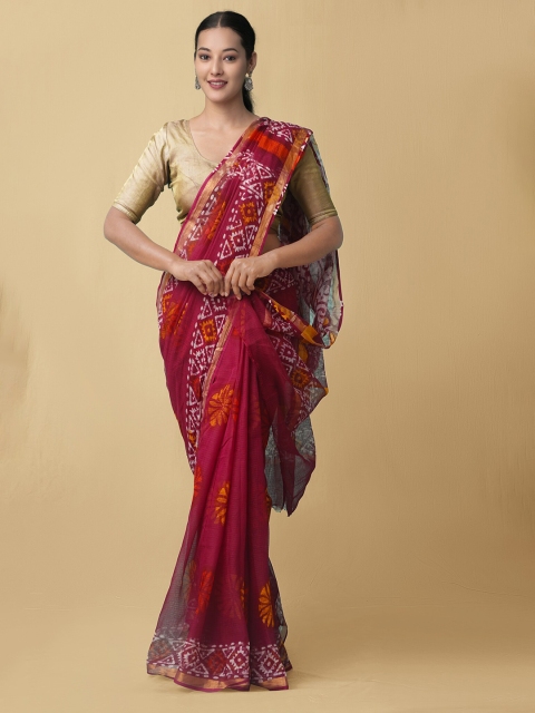 

Unnati Silks Maroon & White Batik Zari Pure Cotton Kota Saree