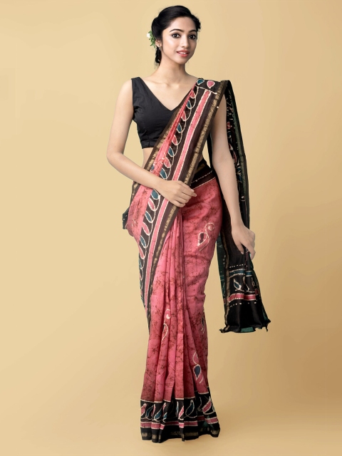 

Unnati Silks Pink & Black Ethnic Motifs Zari Silk Cotton Chanderi Saree