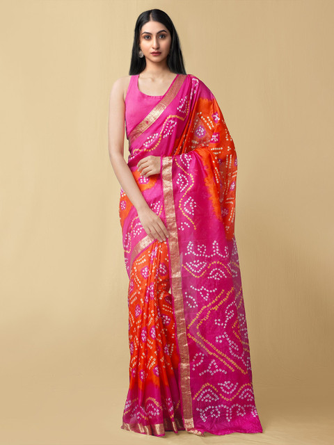 

Unnati Silks Orange & Pink Bandhani Zari Pure Silk Bandhani Saree