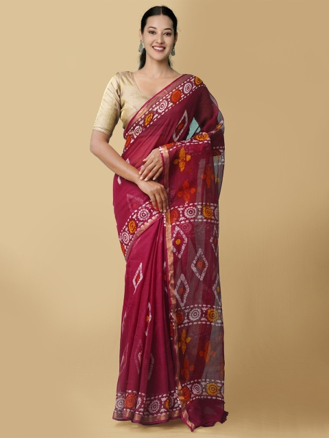 

Unnati Silks Maroon & White Batik Zari Pure Cotton Kota Saree