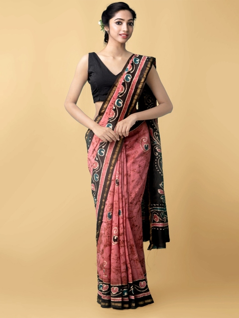 

Unnati Silks Pink & Black Batik Zari Silk Cotton Chanderi Saree