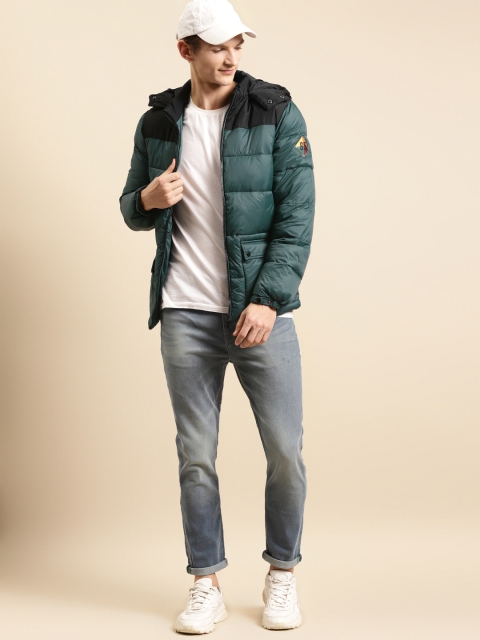

United Colors of Benetton Men Green & Black Colourblocked Hooded Puffer Jacket