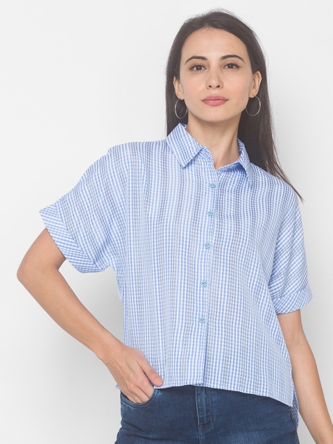 

Globus Blue Checked Extended Sleeves Shirt Style Top