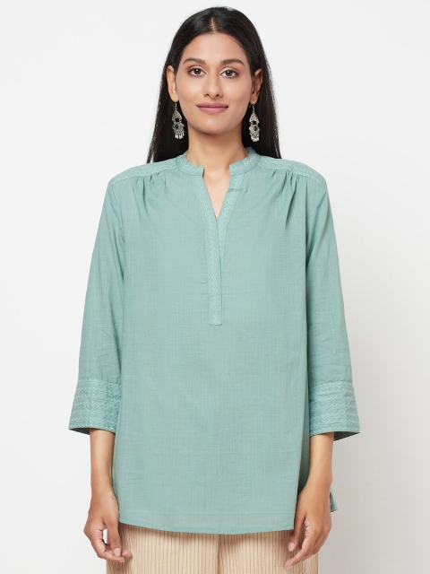 

Fabindia Green Mandarin Collar Cotton Tunic