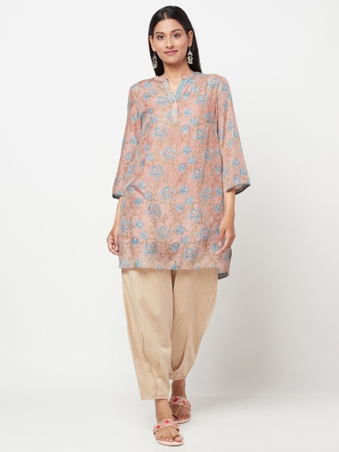 

Fabindia Pink & Blue Modal Mandarin Collar Printed Tunic