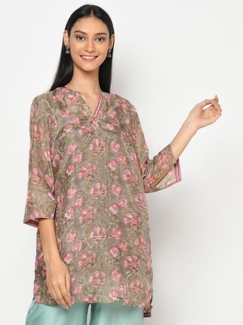 

Fabindia Olive Green & Pink Modal Mandarin Collar Printed Tunic
