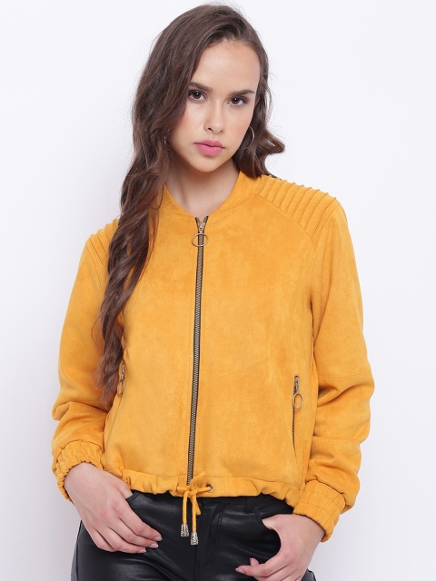 

Texco Women Mustard Suede Crop Bomber Jacket