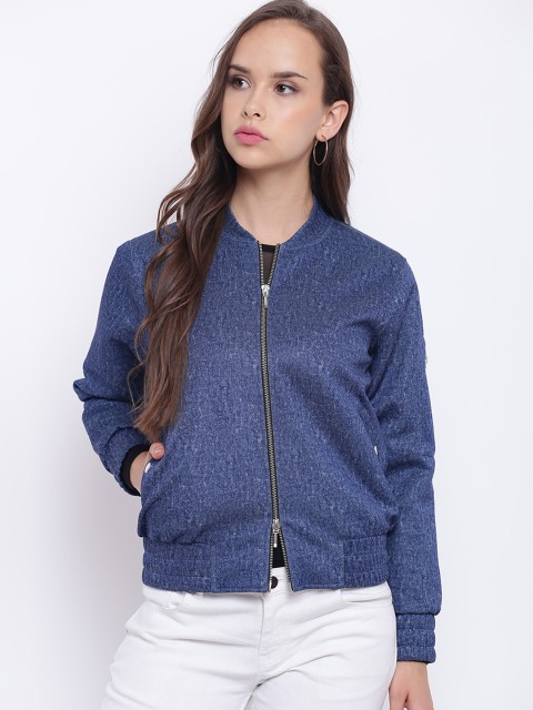 

Texco Women Blue Solid Stand Collar Bomber Jacket