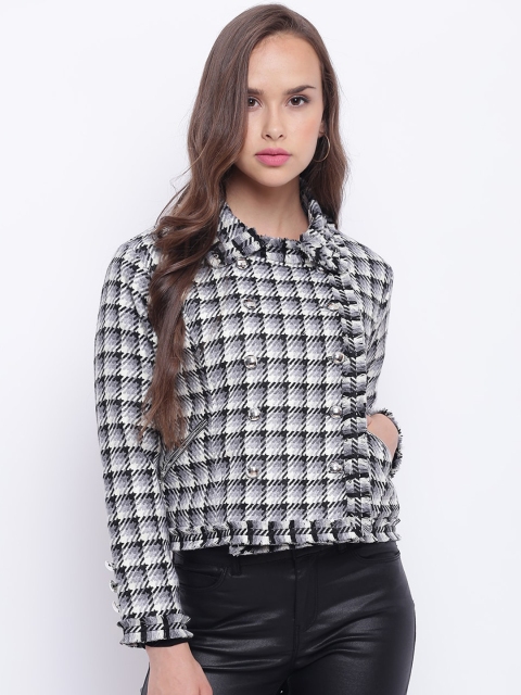 

Texco Women Black White Checked Crop Tailored Jacket