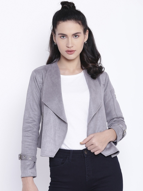 

Texco Women Grey Solid Shawl Collar Crop Open Front Jacket