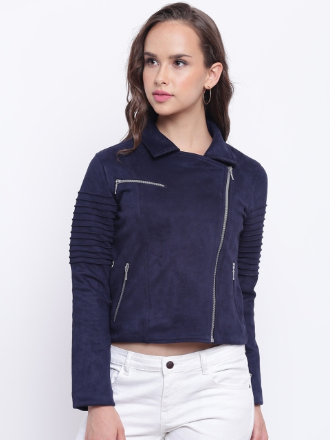 

Texco Women Navy Blue Suede Crop Biker Jacket