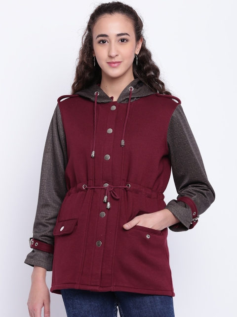 

Texco Women Maroon Grey Washed Colourblocked Fleece Longline Parka Jacket