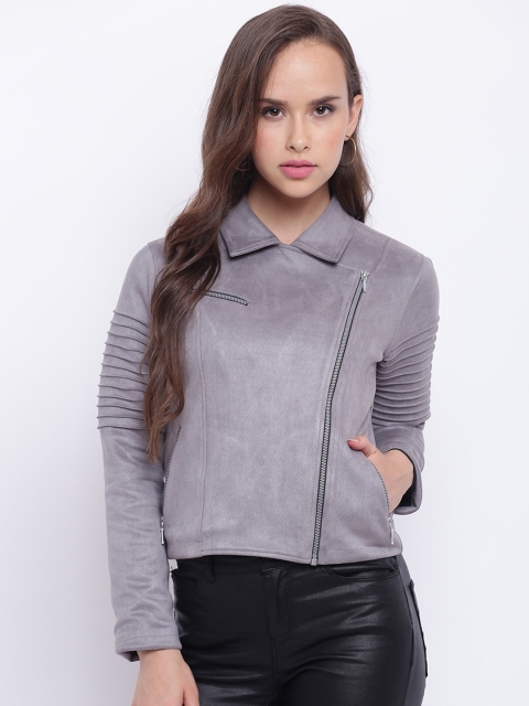 

Texco Women Grey Suede Crop Biker Jacket