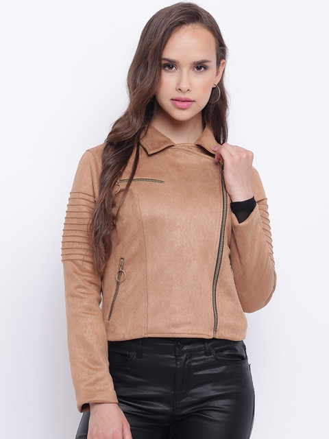 

Texco Women Tan Brown Suede Crop Biker Jacket
