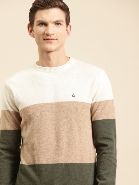 

United Colors of Benetton Men Beige & Olive Green Colourblocked Pullover