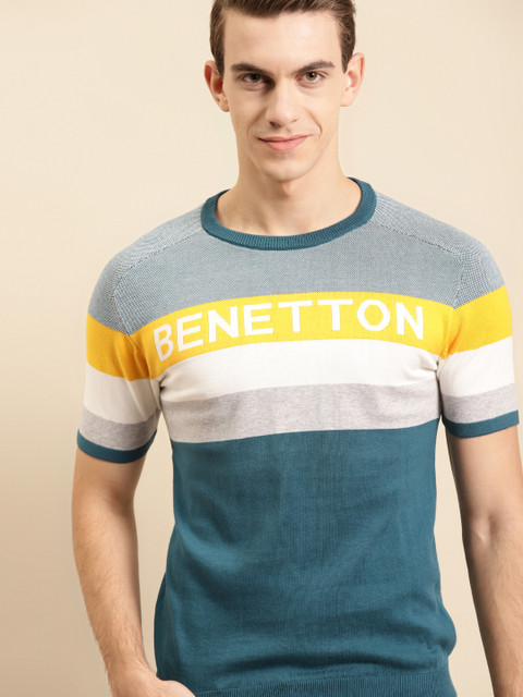 

United Colors of Benetton Men Teal Blue Pure Cotton Short Sleeves Colourblocked Pullover