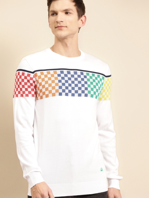

United Colors of Benetton Men White & Blue Pure Cotton Checked Pullover