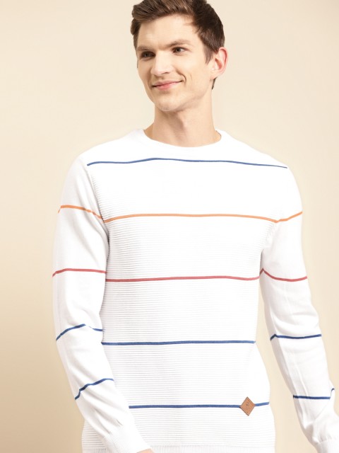

United Colors of Benetton Men White Pure Cotton Ottoman Pinstriped Pullover