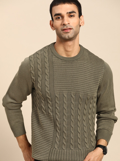 

United Colors of Benetton Men Olive Green Pure Cotton Cable Knit Pullover
