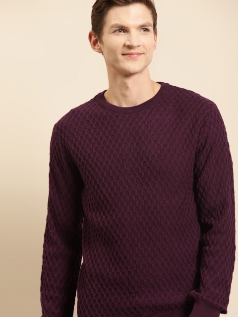 

United Colors of Benetton Men Burgundy Honeycomb Patterned Pullover