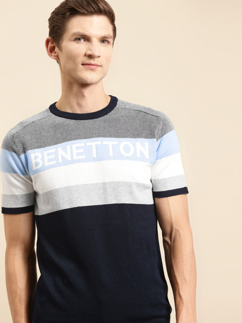 

United Colors of Benetton Men Blue & White Pure Cotton Striped Pullover