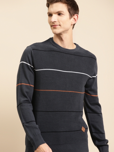 

United Colors of Benetton Men Charcoal Grey Pure Cotton Striped Pullover