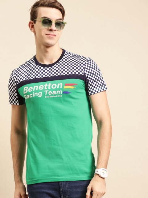

United Colors of Benetton Men Green & White Pure Cotton Printed T-shirt