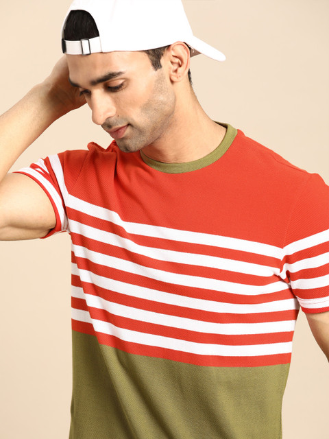 

United Colors of Benetton Men Olive Green & Orange Colourblocked Pure Cotton T-shirt