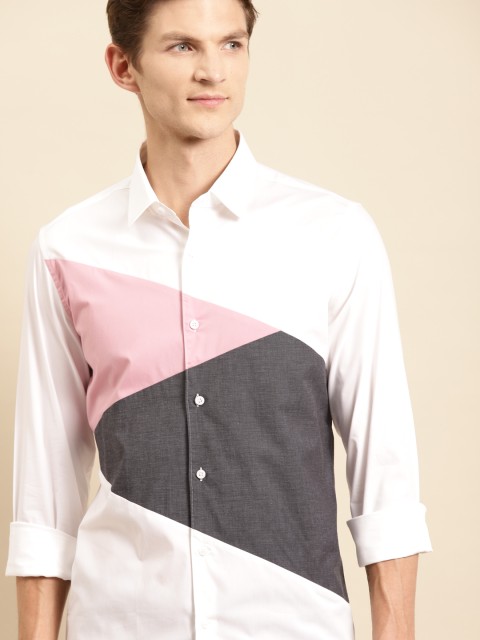 

United Colors of Benetton Men White & Charcoal Grey Slim Fit Colourblocked Casual Shirt