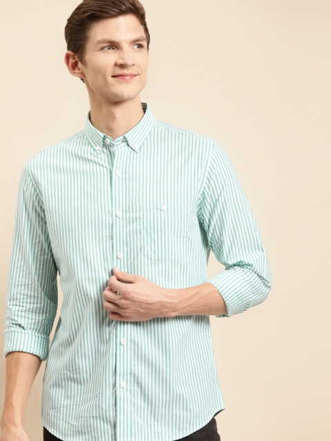 

United Colors of Benetton Men Green & White Giza Cotton Slim Fit Striped Casual Shirt