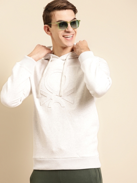 

United Colors of Benetton Men Grey Melange Embossed Print Hooded Sweatshirt