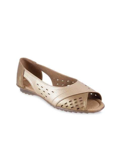 

WALKWAY Women Gold-Toned Open Toe Flats with Laser Cuts