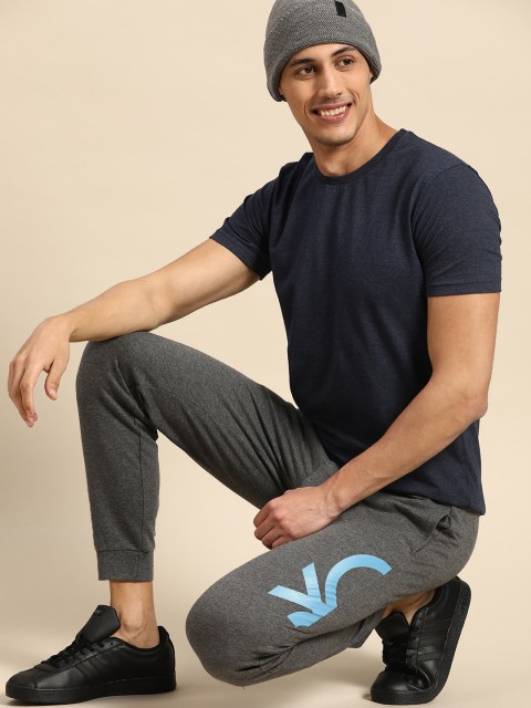 

United Colors of Benetton Men Charcoal Grey & Blue Brand Logo Print Joggers