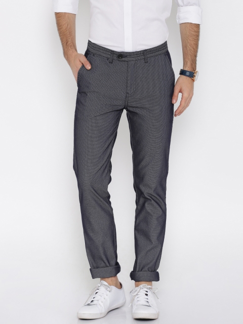 

United Colors of Benetton Men Navy Blue Self-Design Slim Fit Flat-Front Trousers