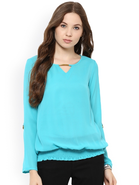 

The Vanca Women Teal Blue Solid Blouson Top