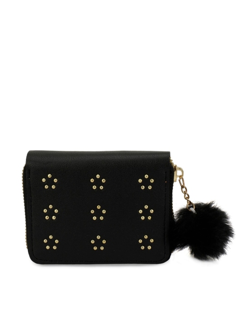 

ZEVORA Women Black & Gold-Toned Embellished Zip Around Wallet