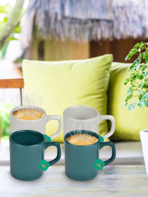 

URBAN CHEF Set Of 4 White & Teal Solid Ceramic Glossy Cups