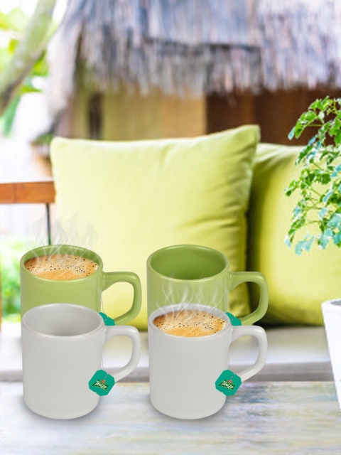 

URBAN CHEF Set Of 4 White & Green Solid Ceramic Glossy Cups