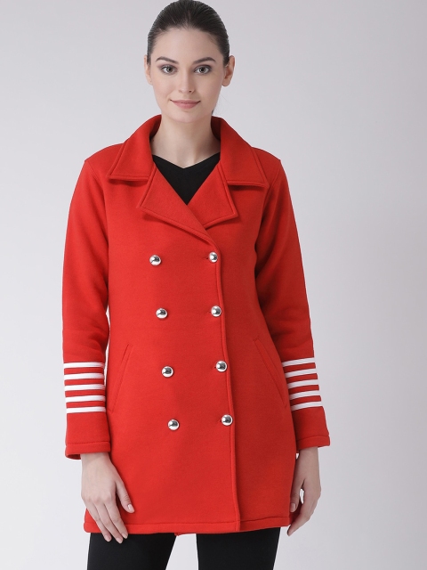 

Texco Women Red & White Self Design Double-Breasted Overcoat