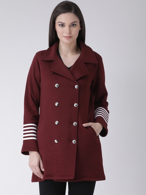 

Texco Women Maroon & White Self Design Double-Breasted Overcoat