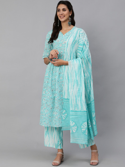 

AASI - HOUSE OF NAYO Blue Floral & bandhini Pure Cotton Kurta with Palazzos & With Dupatta