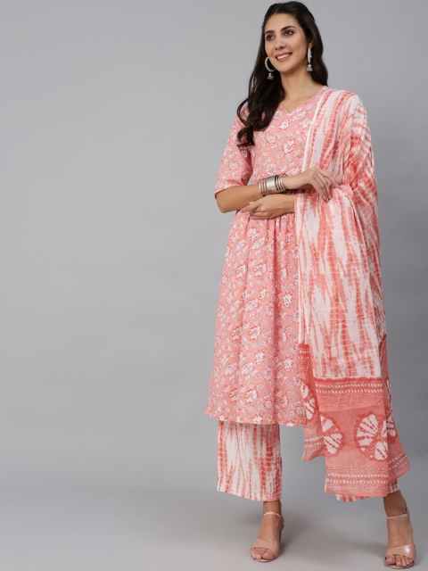 

AASI - HOUSE OF NAYO Women Pink Floral Printed Pure Cotton Kurta with Palazzos & Dupatta