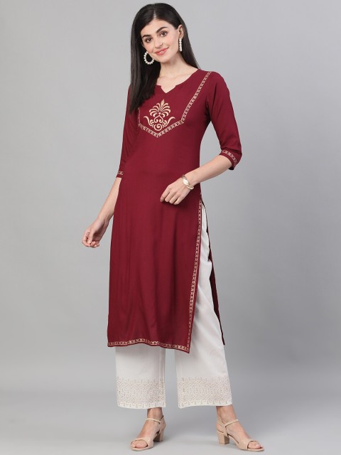 

AASI - HOUSE OF NAYO Women Burgundy Printed Regular Pure Cotton Kurta with Palazzos